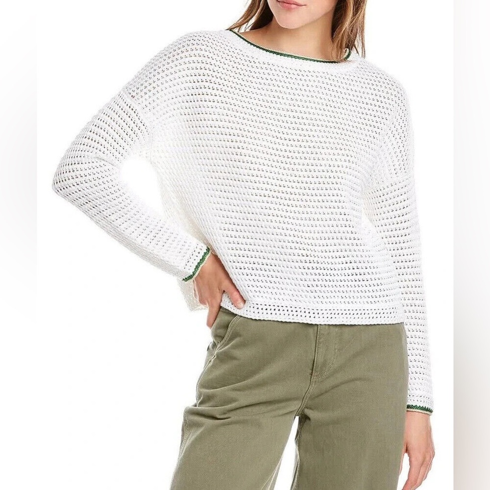 VINCE Croche Tipped Organic Cotton Optic White Sweater sz S